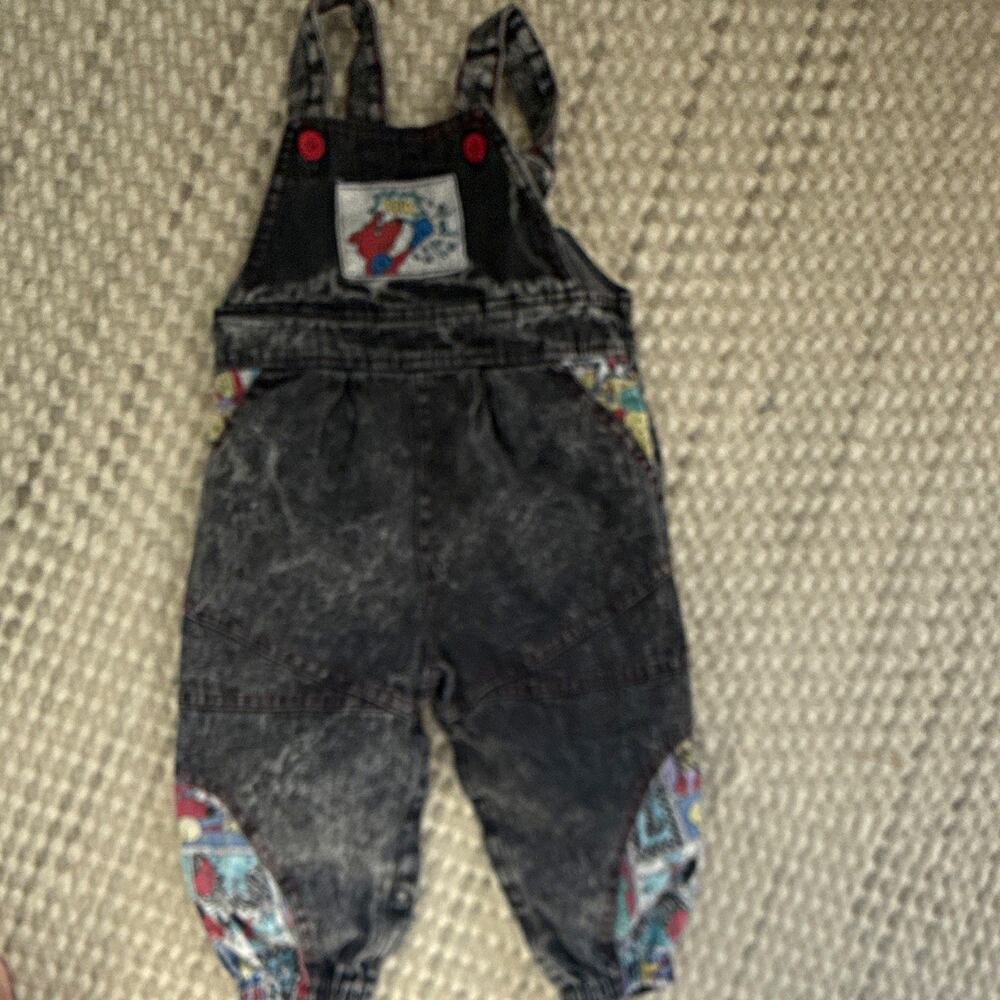 Y2K Vintage 90’s Buster Brown 18-24M Gray Denim Bib Overall Comics Patch POW